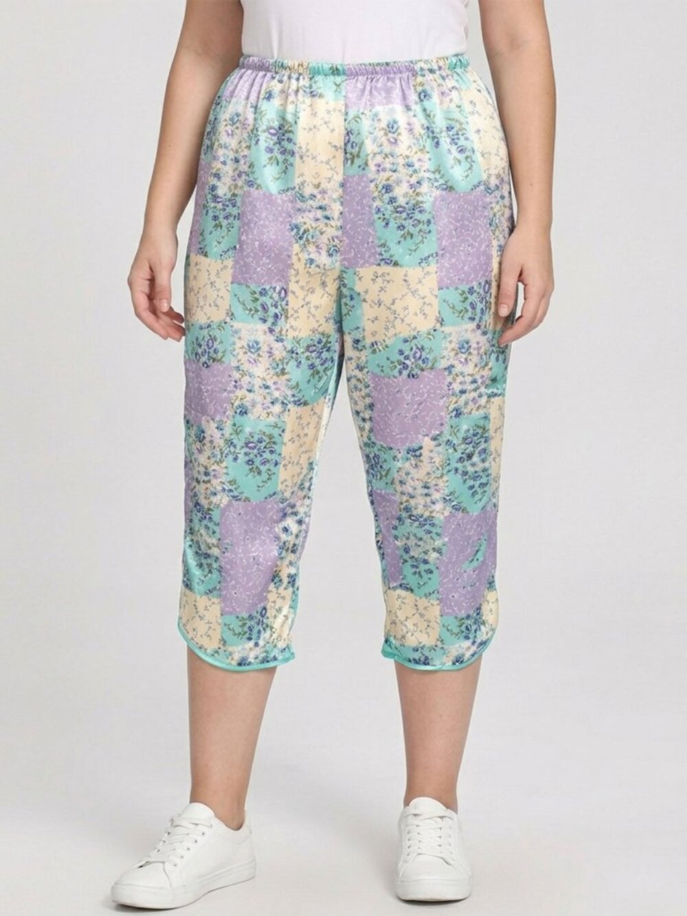 Vintage Satin Patchwork Pajama Pants Cropped Wide Leg Floral Purple Teal Blue XL